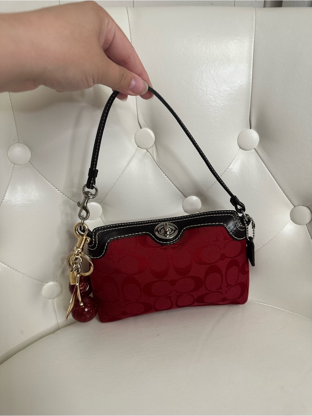 Coach Red Signature Canvas Wristlet with Black Trim